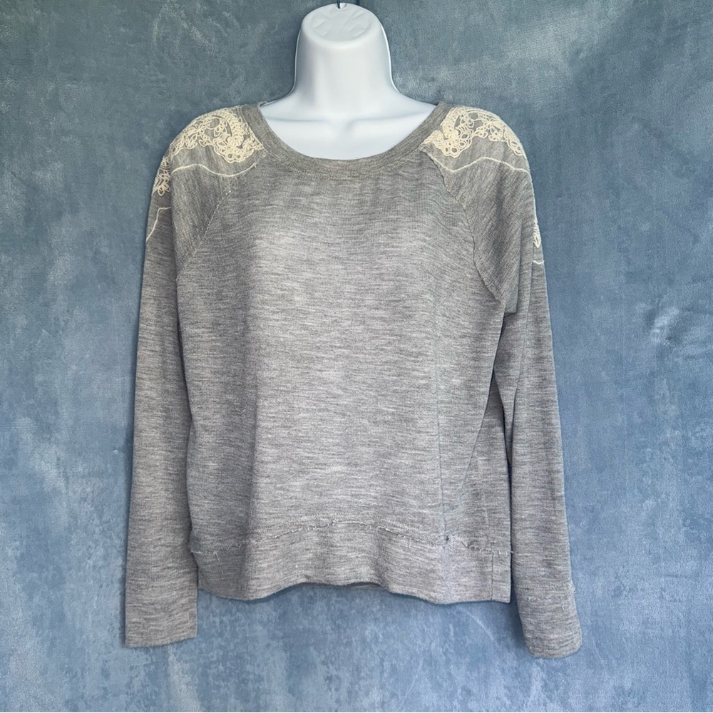 Bar III gray long-sleeve pullover top, white embroidery subtle sparkle detail